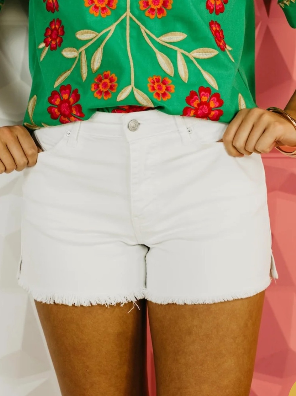 KanCan Green Floral Embroidered Short Sleeve Top